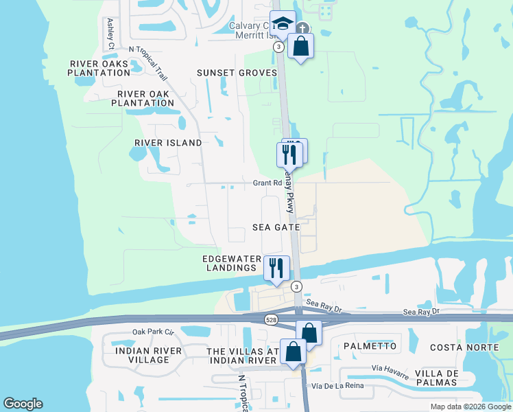 map of restaurants, bars, coffee shops, grocery stores, and more near 3085 Sea Gate Circle in Merritt Island