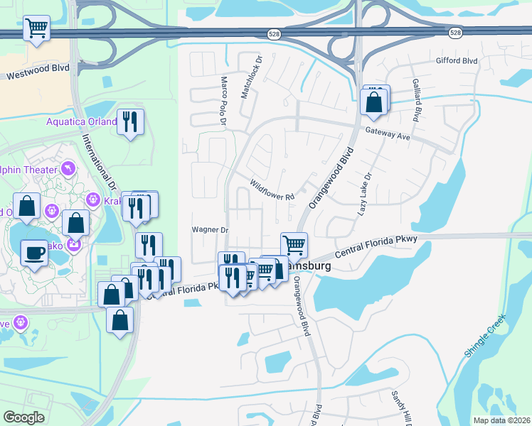 map of restaurants, bars, coffee shops, grocery stores, and more near 10708 William Tell Drive in Orlando