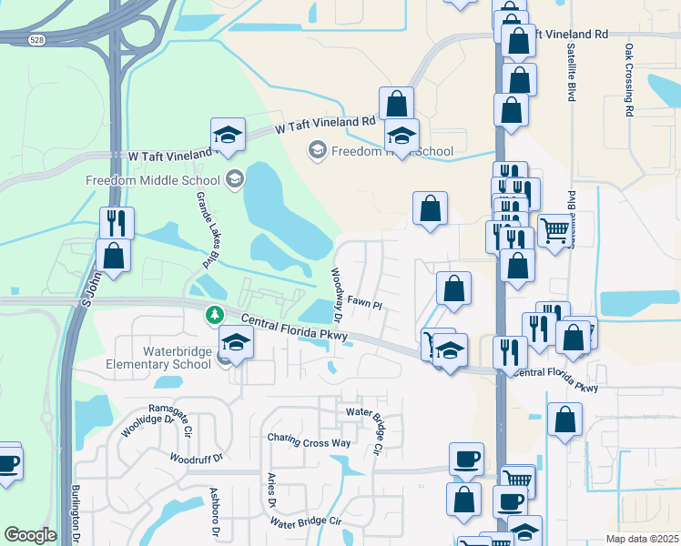 map of restaurants, bars, coffee shops, grocery stores, and more near 10539 Woodway Drive in Orlando