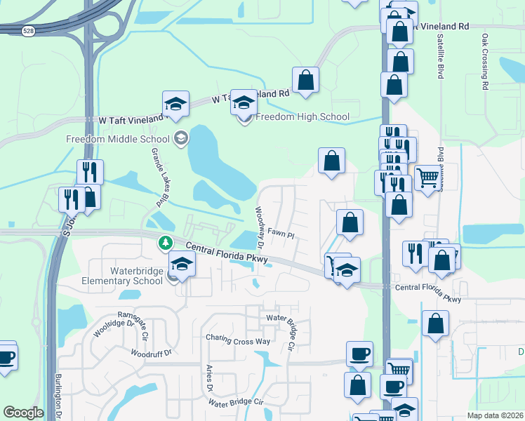 map of restaurants, bars, coffee shops, grocery stores, and more near 10539 Woodway Drive in Orlando