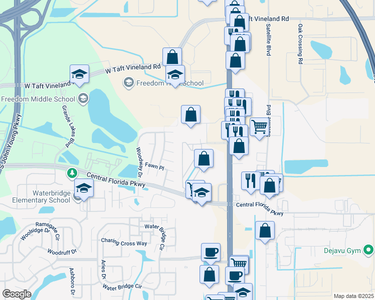 map of restaurants, bars, coffee shops, grocery stores, and more near 2424 Swailes Drive in Orlando