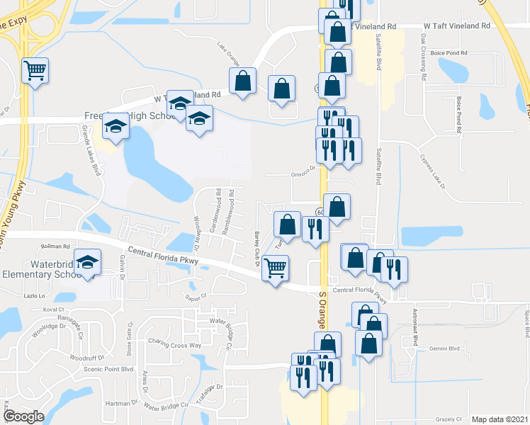 map of restaurants, bars, coffee shops, grocery stores, and more near 2424 Swailes Drive in Orlando