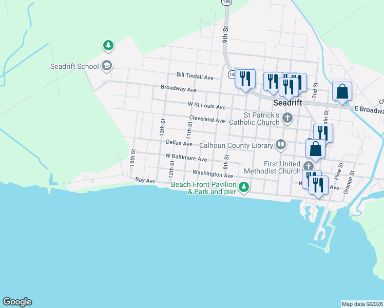 map of restaurants, bars, coffee shops, grocery stores, and more near 1006 West Baltimore Avenue in Seadrift