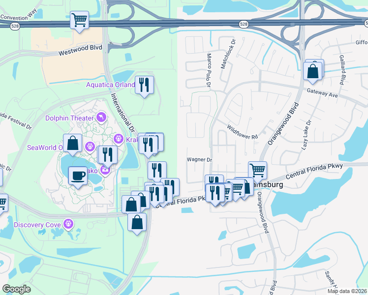 map of restaurants, bars, coffee shops, grocery stores, and more near 10713 Westbrook Drive in Orlando