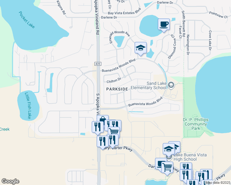 map of restaurants, bars, coffee shops, grocery stores, and more near 8527 Pippen Drive in Orlando