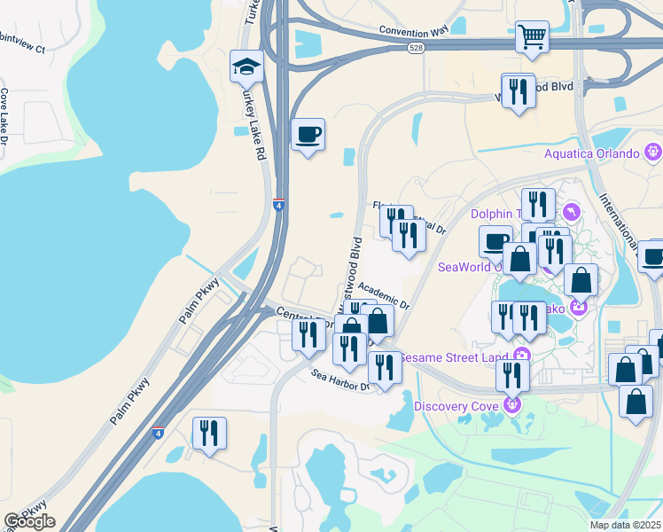 map of restaurants, bars, coffee shops, grocery stores, and more near 6801 Sea Coral Drive in Orlando