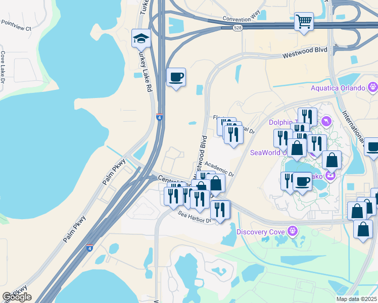 map of restaurants, bars, coffee shops, grocery stores, and more near 6940 Sea Coral Drive in Orlando