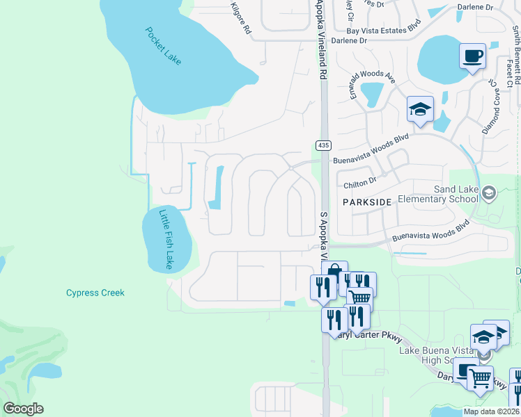 map of restaurants, bars, coffee shops, grocery stores, and more near 10606 Boca Pointe Drive in Orlando