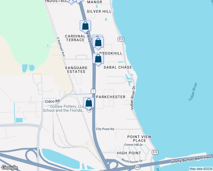 map of restaurants, bars, coffee shops, grocery stores, and more near 133 South Twin Lakes Road in Cocoa