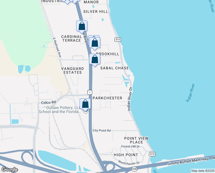 map of restaurants, bars, coffee shops, grocery stores, and more near 133 South Twin Lakes Road in Cocoa