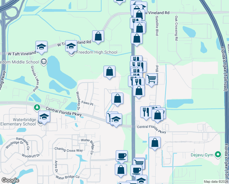 map of restaurants, bars, coffee shops, grocery stores, and more near 2424 Swailes Drive in Orlando