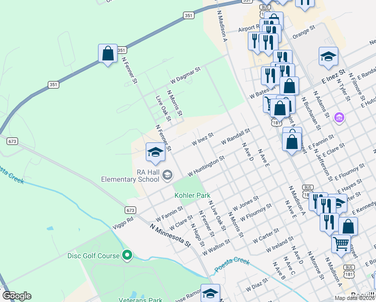 map of restaurants, bars, coffee shops, grocery stores, and more near 901 West Inez Street in Beeville