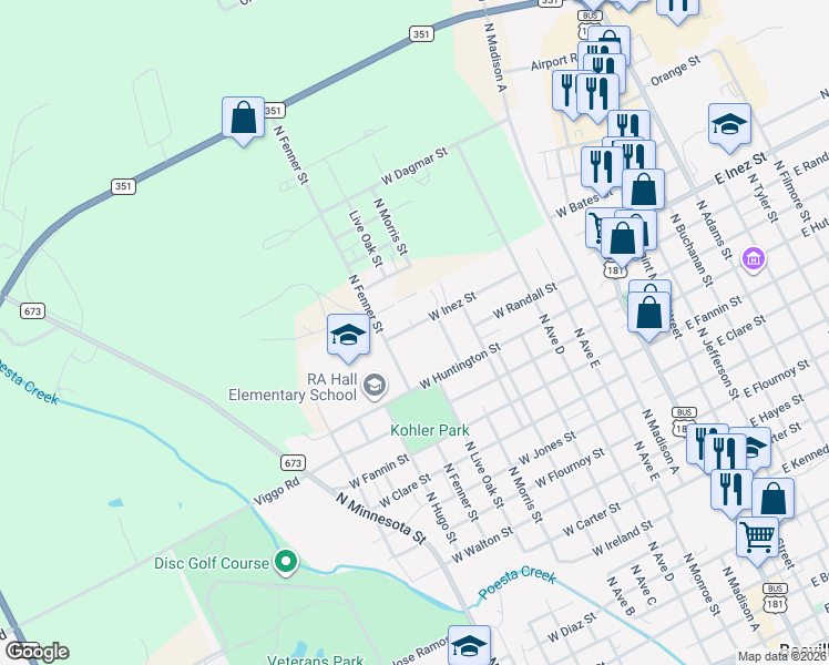 map of restaurants, bars, coffee shops, grocery stores, and more near 903 West Inez Street in Beeville