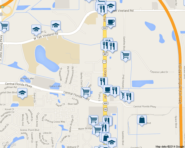 map of restaurants, bars, coffee shops, grocery stores, and more near 9801 Turf Way in Orlando