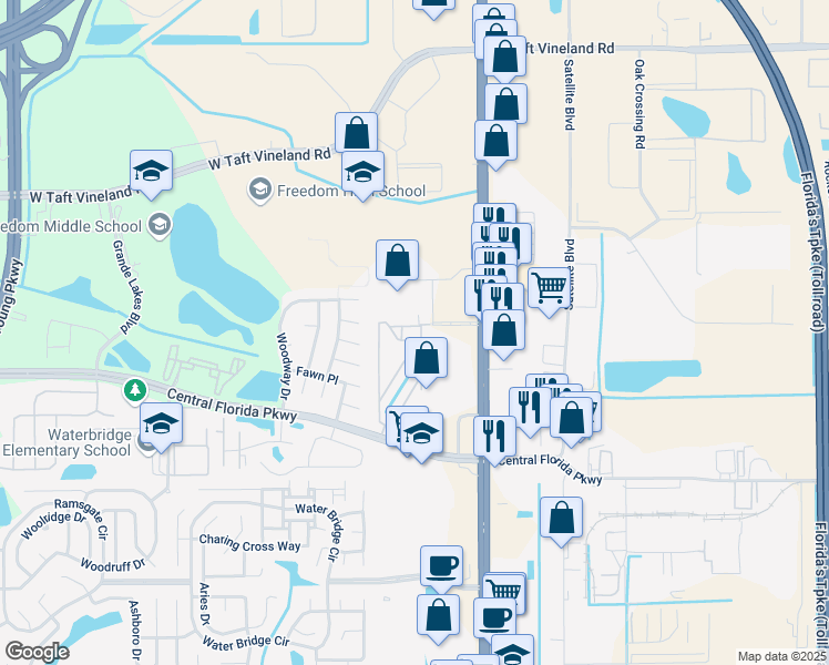 map of restaurants, bars, coffee shops, grocery stores, and more near 2424 Swailes Drive in Orlando