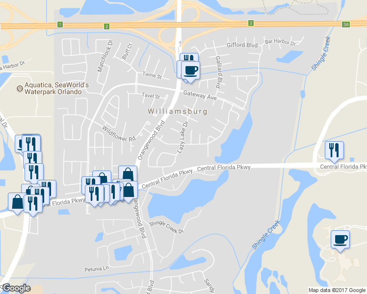 map of restaurants, bars, coffee shops, grocery stores, and more near 10601 Lazy Lake Drive in Orlando