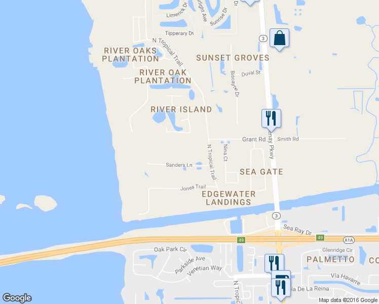 map of restaurants, bars, coffee shops, grocery stores, and more near 330 Sanders Lane in Merritt Island