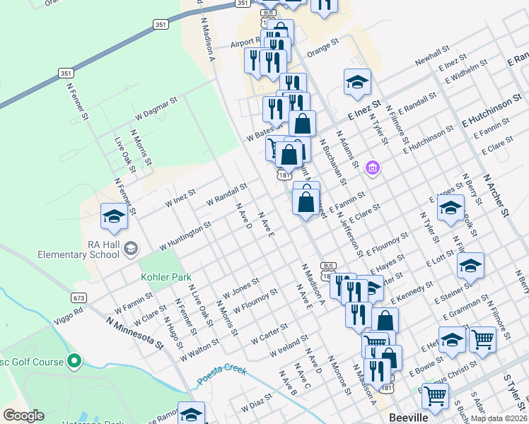 map of restaurants, bars, coffee shops, grocery stores, and more near 1311 North Madison Avenue in Beeville