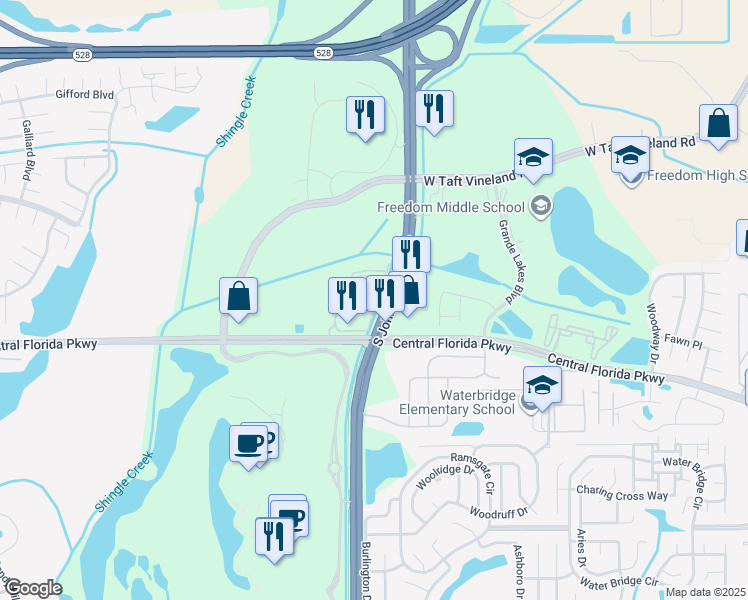 map of restaurants, bars, coffee shops, grocery stores, and more near 10782 South John Young Parkway in Orlando