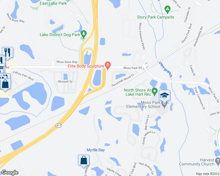 map of restaurants, bars, coffee shops, grocery stores, and more near 10600 Savannah Wood Court in Orlando