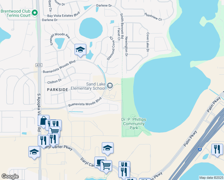 map of restaurants, bars, coffee shops, grocery stores, and more near 8301 Buenavista Woods Boulevard in Orlando