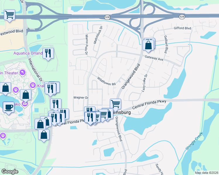 map of restaurants, bars, coffee shops, grocery stores, and more near 10624 Bellflower Court in Orlando