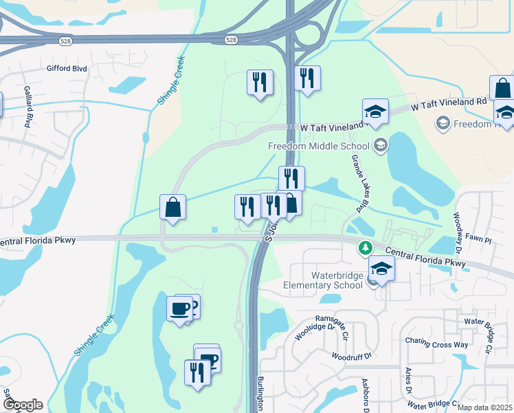 map of restaurants, bars, coffee shops, grocery stores, and more near 10782 South John Young Parkway in Orlando