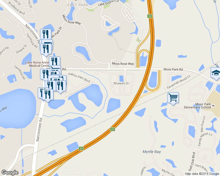 map of restaurants, bars, coffee shops, grocery stores, and more near 10902 Moss Park Road in Orlando