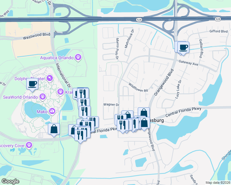 map of restaurants, bars, coffee shops, grocery stores, and more near 10722 Gateway Avenue in Orlando