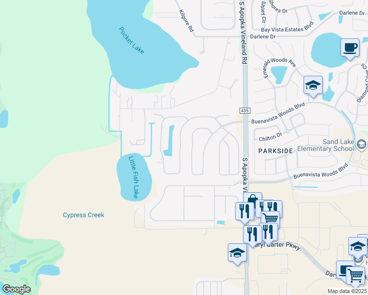 map of restaurants, bars, coffee shops, grocery stores, and more near 10743 Boca Pointe Drive in Orlando