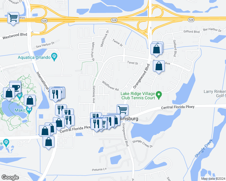 map of restaurants, bars, coffee shops, grocery stores, and more near 5300 Wildflower Road in Orlando