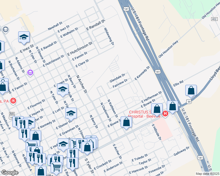 map of restaurants, bars, coffee shops, grocery stores, and more near 1500-1518 East Kennedy Street in Beeville