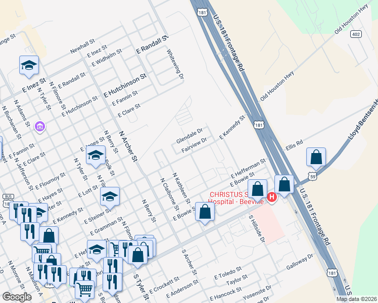 map of restaurants, bars, coffee shops, grocery stores, and more near 1210 Glendale Drive in Beeville
