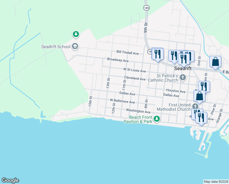 map of restaurants, bars, coffee shops, grocery stores, and more near 1109 Houston Avenue in Seadrift