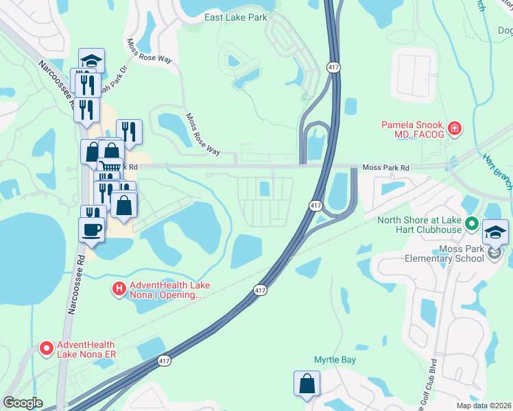 map of restaurants, bars, coffee shops, grocery stores, and more near 9044 Savannah Magnolia Lane in Orlando