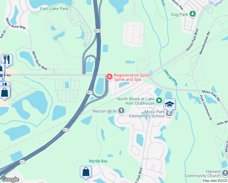 map of restaurants, bars, coffee shops, grocery stores, and more near 9432 Flowering Cottonwood Road in Orlando