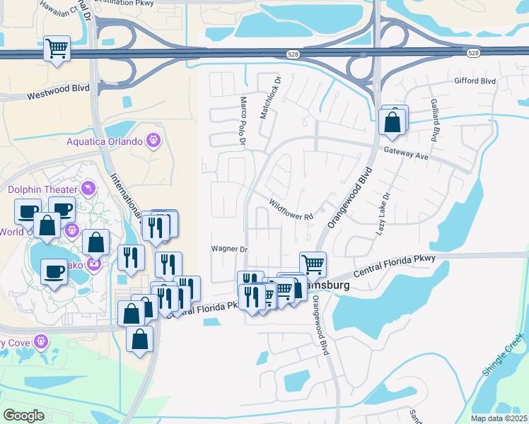 map of restaurants, bars, coffee shops, grocery stores, and more near 10633 Windsor Place in Orlando
