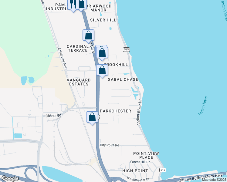 map of restaurants, bars, coffee shops, grocery stores, and more near 132 North Twin Lakes Road in Cocoa