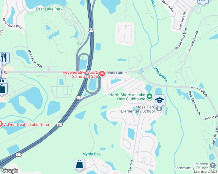 map of restaurants, bars, coffee shops, grocery stores, and more near 9432 Flowering Cottonwood Road in Orlando