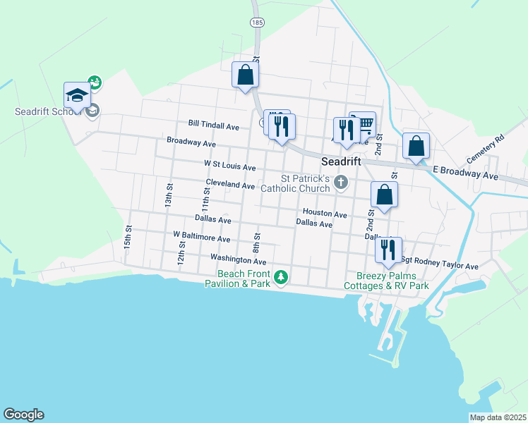 map of restaurants, bars, coffee shops, grocery stores, and more near 304 8th Street in Seadrift