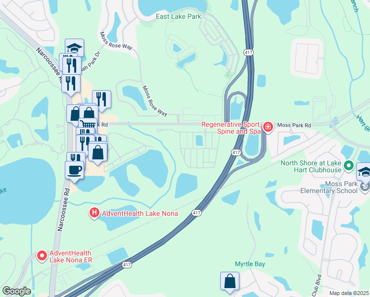 map of restaurants, bars, coffee shops, grocery stores, and more near Savannah Landing Circle in Orlando