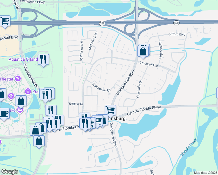 map of restaurants, bars, coffee shops, grocery stores, and more near 5257 Wildflower Road in Orlando