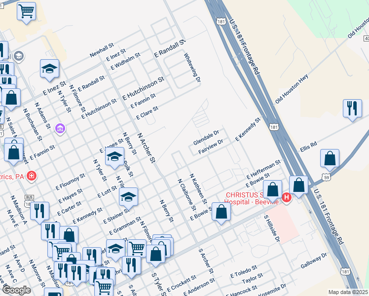 map of restaurants, bars, coffee shops, grocery stores, and more near 1201 Glendale Drive in Beeville