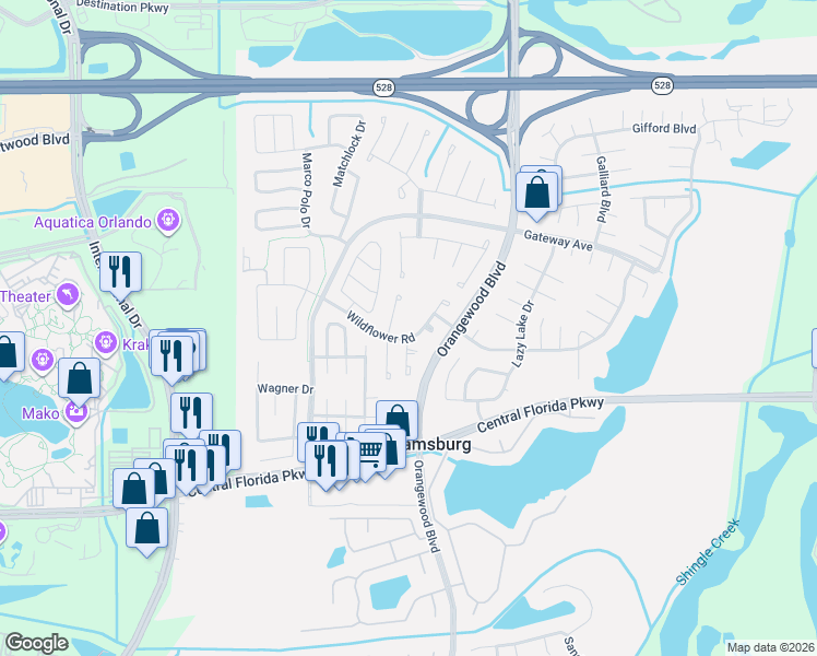 map of restaurants, bars, coffee shops, grocery stores, and more near 5257 Wildflower Road in Orlando
