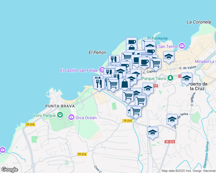 map of restaurants, bars, coffee shops, grocery stores, and more near 9 Avenida Jose Maria del Campo Llarena in Puerto de la Cruz