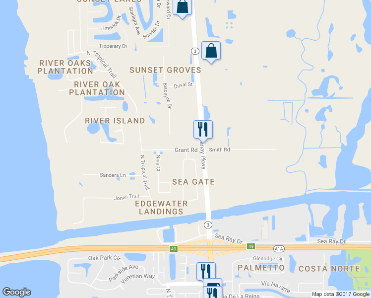 map of restaurants, bars, coffee shops, grocery stores, and more near 150 Grant Road in Merritt Island
