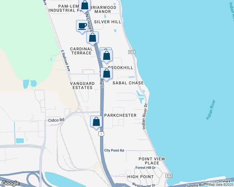 map of restaurants, bars, coffee shops, grocery stores, and more near 141 North Twin Lakes Road in Cocoa