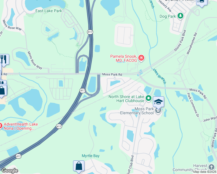 map of restaurants, bars, coffee shops, grocery stores, and more near 9445 Flowering Cottonwood Road in Orlando