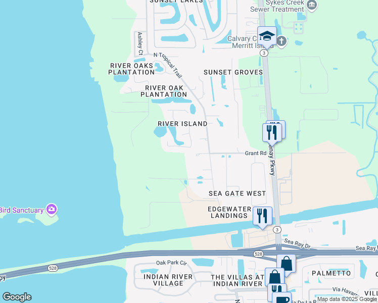 map of restaurants, bars, coffee shops, grocery stores, and more near 3110 Water Oak Drive in Merritt Island