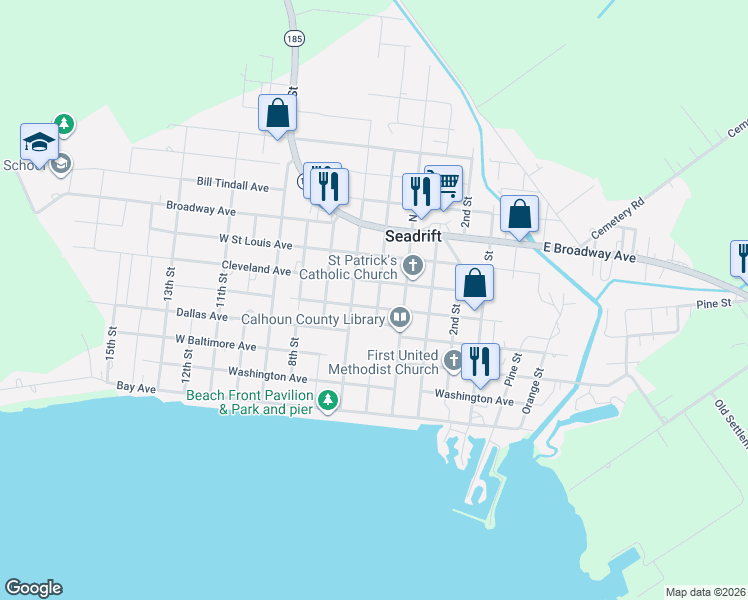 map of restaurants, bars, coffee shops, grocery stores, and more near 506 Houston Avenue in Seadrift
